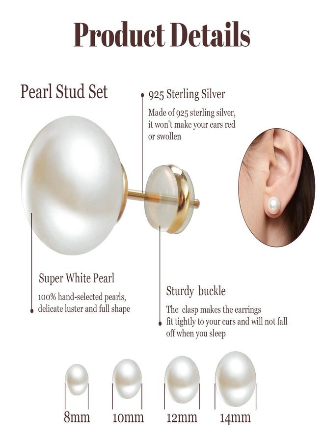 Sanglarst 4 Pairs Pearl Stud Earrings 14K Plated Gold Sterling Silver Post Hypoallergenic Earring stud Round Large size Simulated pearl 8mm-14mm Set Earrings for women - Image 2